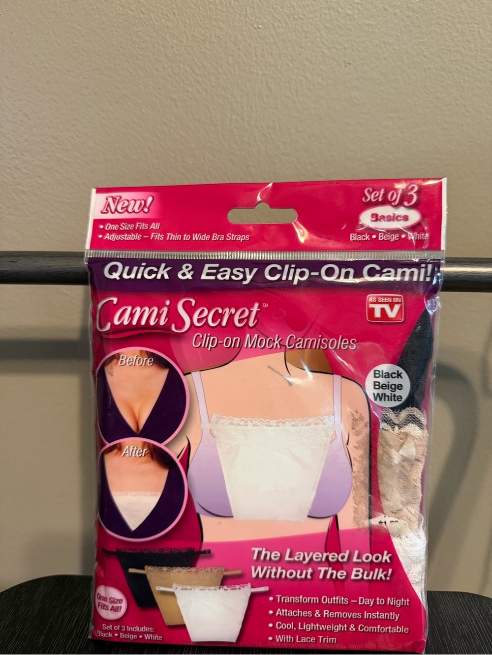 Cami Secret Clip-On Mock Camisoles Set of 3 Black Beige White NIP As Seen on TV